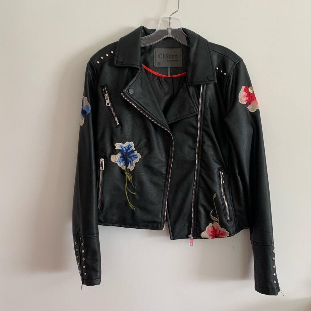 Embroidered fully lined vegan leather moto jacket